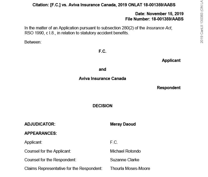 F.C. v Aviva Insurance Canada, 2019 CanLII 130383 (ON LAT)