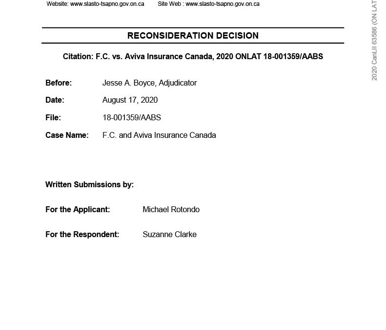 F.C. v Aviva Insurance Canada, 2020 CanLII 63586 (ON LAT)